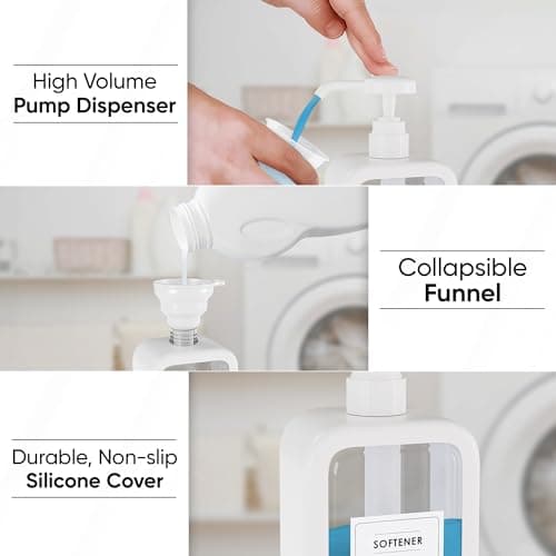 Liquid Laundry Detergent Dispenser - 64oz Plastic Laundry Detergent Containers w/Labels, Funnel, & More - High Volume Laundry Detergent Pump Dispenser & Softener Storage for Laundry Room