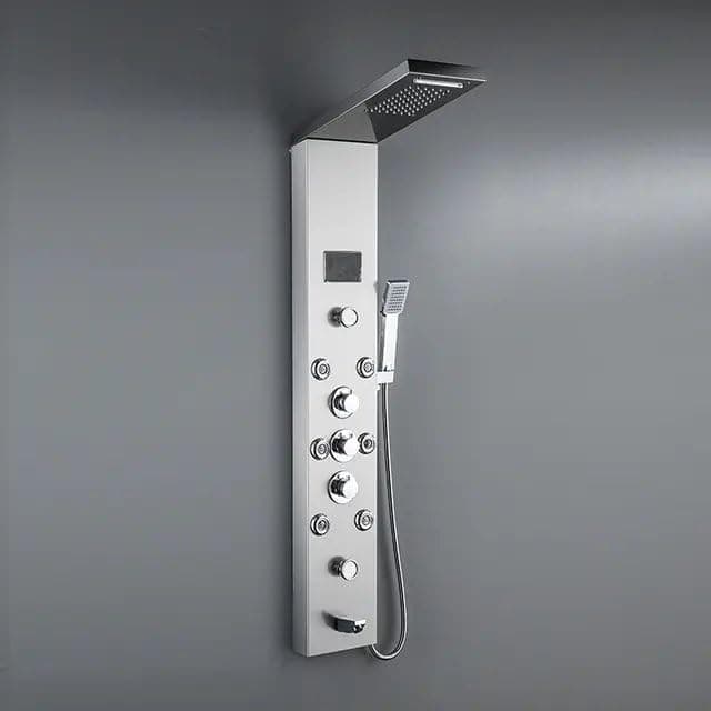 Stainless Steel Shower Panel 6 in One With LED Display, Tower System, Rainfall Shower, Body Massage Spray, Handheld Shower, Temperature Display, Wall Mount Easy Connect Shower Panel (chrome)