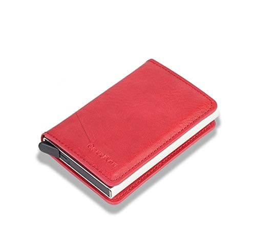Genuine Leather Wallet | RFID Blocking Aluminum Automatic Pop Up Credit Card Holder Case for Unisex | 8 Card Slots(FC 20) (Hot Red)