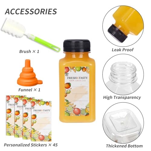 TOMNK 48pcs 8oz Plastic Juice Bottles with Black Caps Empty Reusable Clear Bottles with Label, Funnel and Brush Beverage Containers Bulk with Lids for Juicing, Smoothies, Fridge