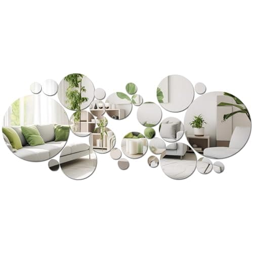 Acrylic Mirror Wall Stickers, 32 PCS Removable Wall Decal Mirror Set, Bathroom Wall Sticker Art, Round Ceiling Mirrors for Bedroom, Home, Living Room, Sofa TV Background Decor (Silver)