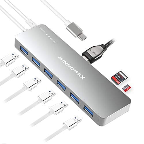 10-in-1 Powered 6-Ports USB 3.0 Thunderbolt 3/ USB-C Hub/HDMI Adapter, USB-C to HDMI/Sd+Micro SD Card Reader for MacBook Pro 2018/2017/2016/, MacBook Air/iPad Pro 2018, Other USB-C Devices Etc-Silver