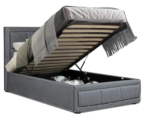 Ottoman Bed, Upholstered Single Bed Frame UKFR Linen Fabric Dark Grey Ottoman Storage Bed with Gas Lift End Opening Wooden Slats with Storage Bed (3ft Small 100 x 204, No Mattress)