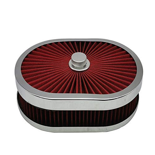 HotRod99 Performance Super Flow Oval 12''2'' Air Filter Flat Top Assembly Kit Red Element and Chromed Base Washable and Reusable Replacement Air Cleaner with Mounting Stud and Wing Nut Kit