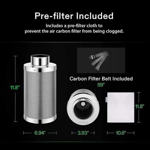 Includes VIVOSUN 4" air carbon filter odor control with Australian Virgin Charcoal for in-line fan pre-filters