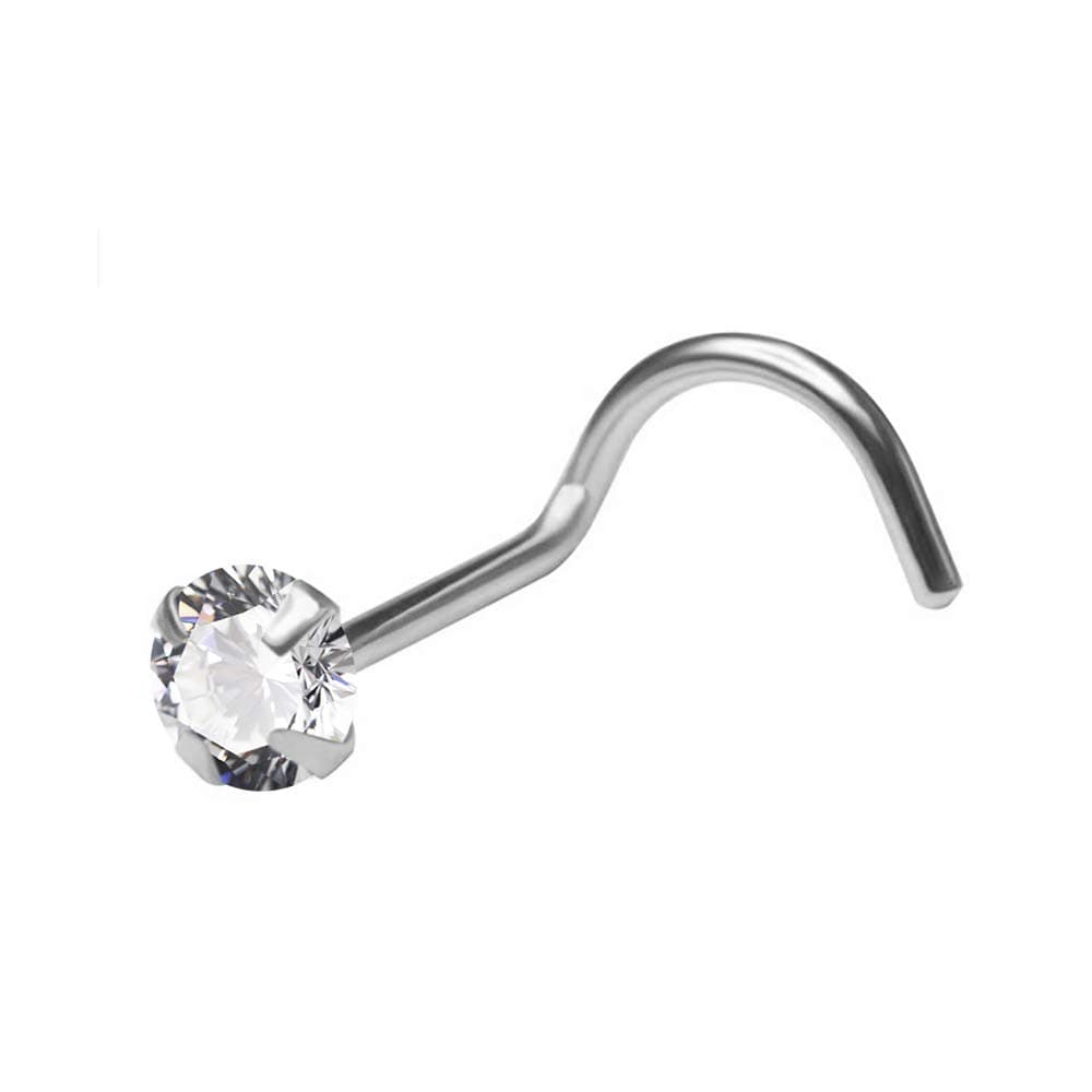 14K Solid White Gold Prong Set Round Gems Stone 20G(0.8MM) Nose Piercing jewelry