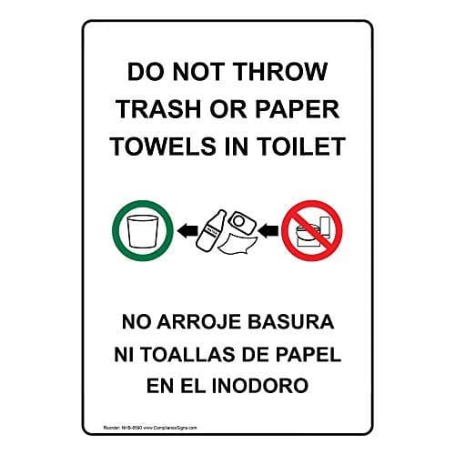 com Do Not Throw Trash Or Paper Towels In Toilet Bilingual Label Decal, 7x5 inch Vinyl for Restrooms White