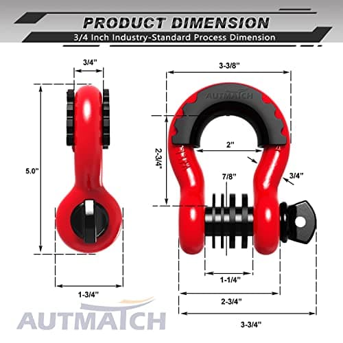 AUTMATCH Shackles 3/4" D Ring Shackle (2 Pack) 41,887Ib Break Strength with 7/8" Screw Pin and Shackle Isolator & Washers Kit for Tow Strap Winch Off Road Towing Jeep Vehicle Recovery Red & Black