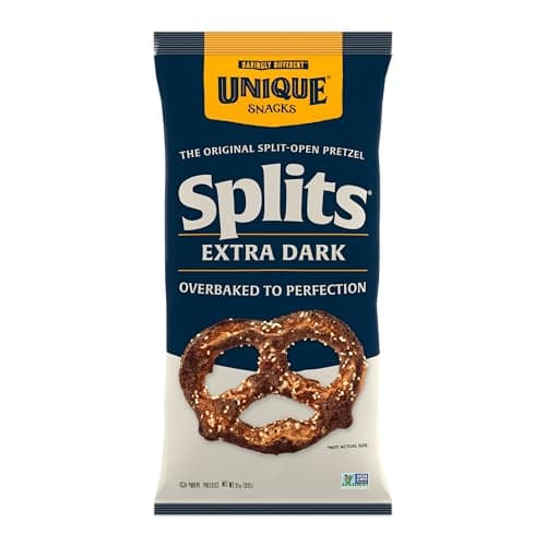 Unique Snacks Extra Dark Splits Pretzels, Original Split-Open Pretzels, Delicious Homestyle Baked Snack Bag, Vegan, OU Kosher, and Non-GMO Food, No Artificial Flavor, 11 Oz. Bag, Pack of 6