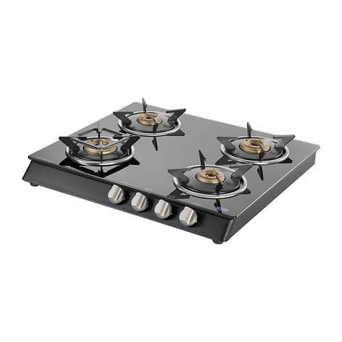 Kaff Open KC 58 4B AI (S/B/B/J) Toughened Glass (8mm) 4 Burner Small, 2 Big and Jumbo Heavy Duty Pan Support (4mm) Metal knobs, Black