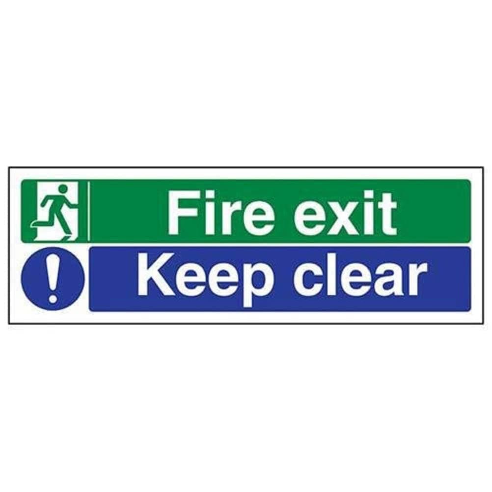 VSafety Fire Exit Sign - Rigid Plastic Emergency Escape Route Marker with "Keep Clear" Text - Durable 300mm x 100mm Fire Extinguisher Sign, EN ISO Compliant, Green & White