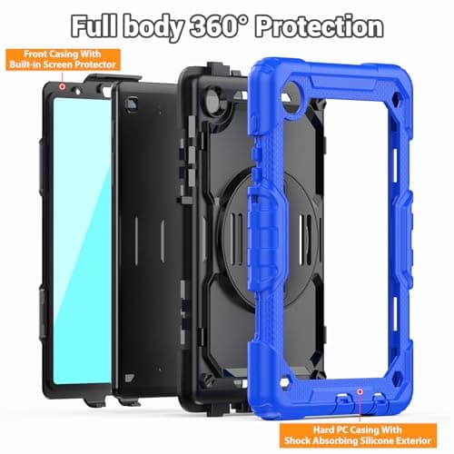 SEYMAC Case for Samsung Galaxy Tab A7 Lite 8.7" (SM-T220/ T225/ T227), Heavy Duty Full-Body Shockproof Protective Case with Screen Protector, Rotating Stand, Hand/Shoulder Strap, Blue