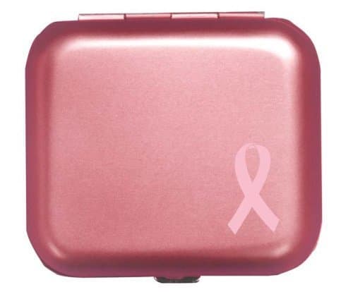 Light Weight Metal Divided Pill Box Pillbox Case New Hinged - Pink Ribbon