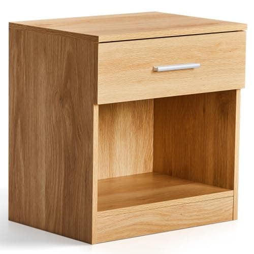 Karl home Bedside Table for Bedroom, Modern Natural End Table with 1 Drawer & Shelf, Wood Nightstand for Bedroom, End Table for Living Room near Sofa, Side Table, Metal Handle