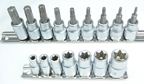 New 18pc 3/8 & 1/4 Torx Star Bit Set E6-E16 T10-T55 on Snap in Rail Male Female