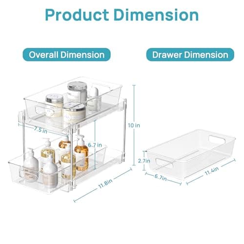 Vtopmart Bathroom Organizer 4 Pack 2 Tier Clear Under Sink Organizer Vanity Countertop Storage Container Cabinet Drawer Bin Drawer Organizer with Truck for Pantry Kitchen