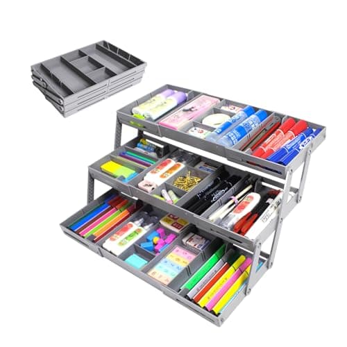 3 Tierr - Expandable Junk - Small - Multi Level Folding Smart for Makeup, Jewelry, Desk, Office Drawers(1 Row 3 Tier-Grey)