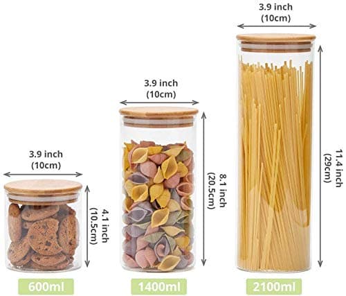 Stackable Kitchen Canisters Set, Pack of 5 Clear Glass Food Storage Jars Containers with Airtight Bamboo Lid for Candy, Cookie, Rice, Sugar, Flour, Pasta, Nuts