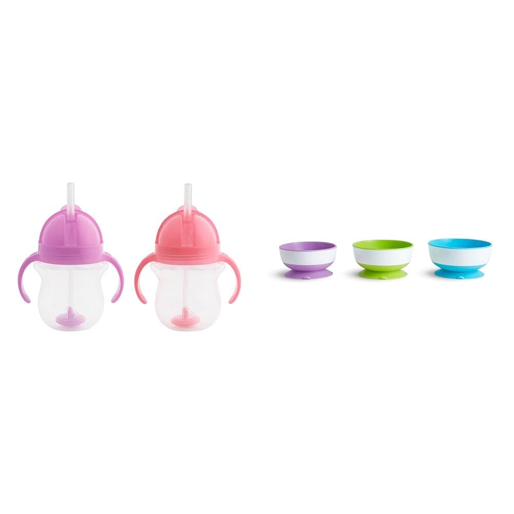 MunchkinAny Angle™ Weighted Straw Trainer Cup with Click Lock™ Lid, 7 Ounce, 2 Pack, Pink/Purple & ® Stay Put™ Suction Bowls for Babies and Toddlers, 3 Pack, Blue/Green/Purple