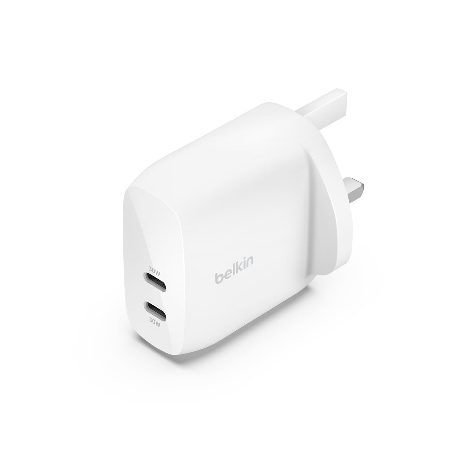 Belkin BoostCharge dual USB-C plug with PPS, 60W phone charger for iPhone 17, iPhone Air, iPad, Samsung Galaxy, Google Pixel, MacBook - Compatible w/ USB-C to lightning cable & USB-C to USB-C - White