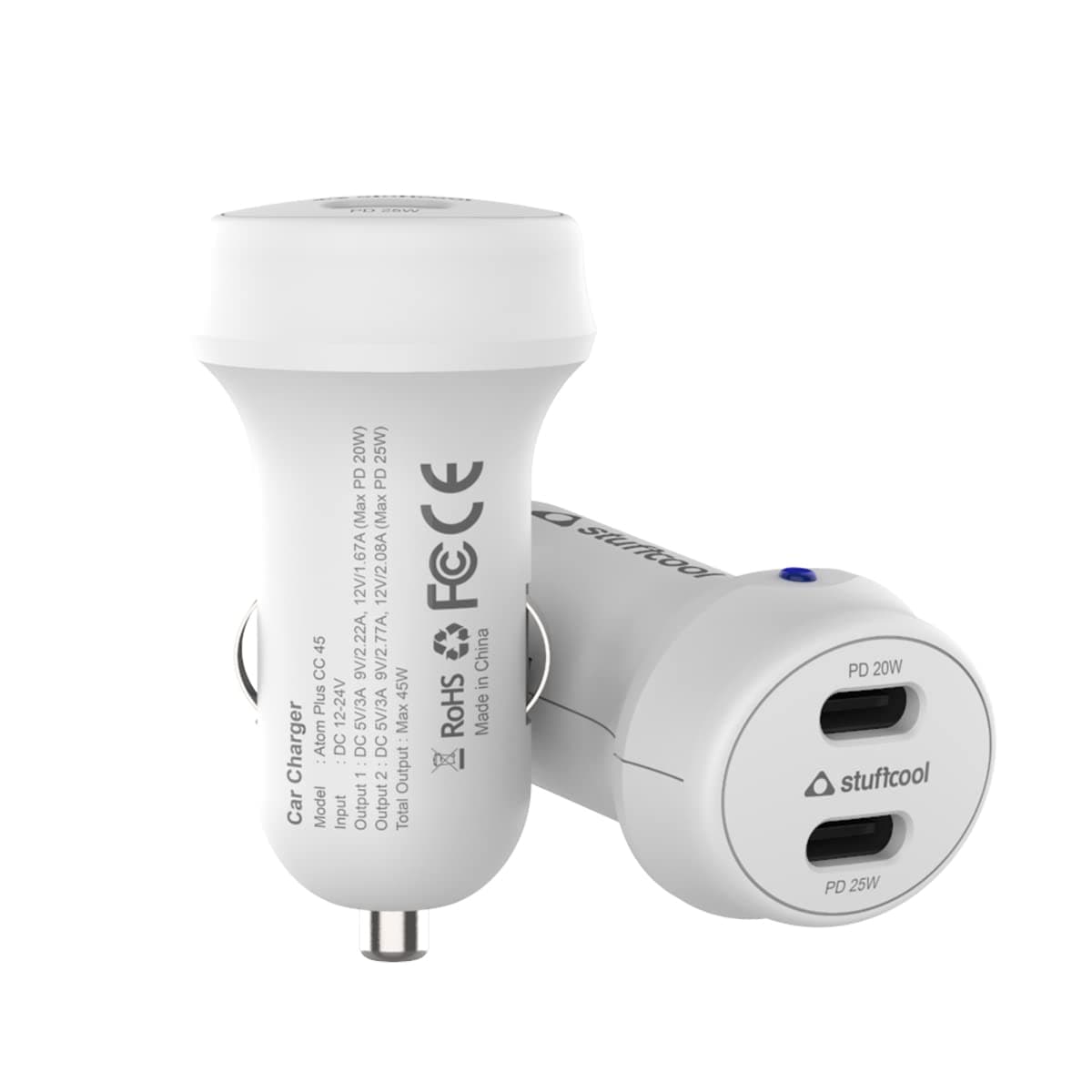 Stuffcool Atom Plus CC 45W Car Charger with PPS Type-C1 PD20W + Type-C2 PD25W Type-C Ports Supports PD protocols to Fast Charge All Devices Like Apple, Google, LG, Samsung
