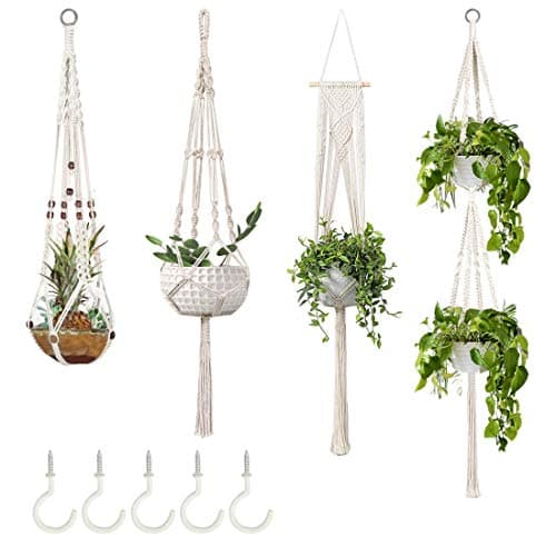 GROWNEER 4 Packs Macrame Plant Hangers with 5 Hooks, Different Tiers, Handmade Cotton Rope Hanging Planters Set Flower Pots Holder Stand, for Indoor Outdoor Boho Home Deco