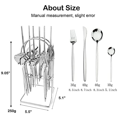 JASHII Hanging Flatware Set Include Knife Fork Spoon Teaspoon and Stand, 24pcs Stainless Steel Utensils Set Service for 6,Modern Design & Mirror Polished, Dishwasher Safe - Blue Gold