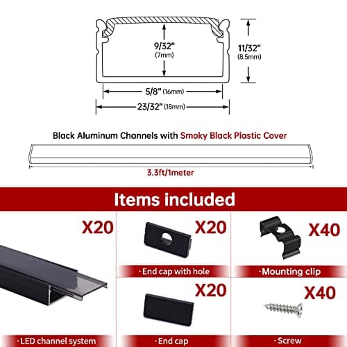 Muzata 20Pack 3.3FT/1M Wider LED Channel System with Transparent Smoky Black Cover Black Aluminum LED Strip Difusser Channel U102 BB 1M