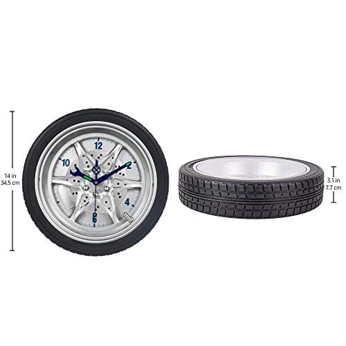 Wall Clock for Living Room Decor, Silent Wall Clock Battery Operated Non Ticking, 14 Inch Vintage Tire Clock Wall Decor for Kitchen, Office, Shop, Garage, Boys Room - Blue