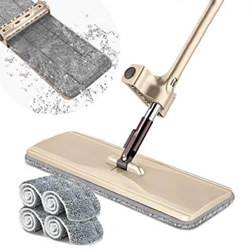 Choreau Aluminum 360 Spin Self Wringing and Squeeze Microfiber 4 Washable and Reusable Flat Mop Cloths, for Wet or Dry Floor Cleaning-15.7 X 4 X 63 Inch (L x W x H), Khaki