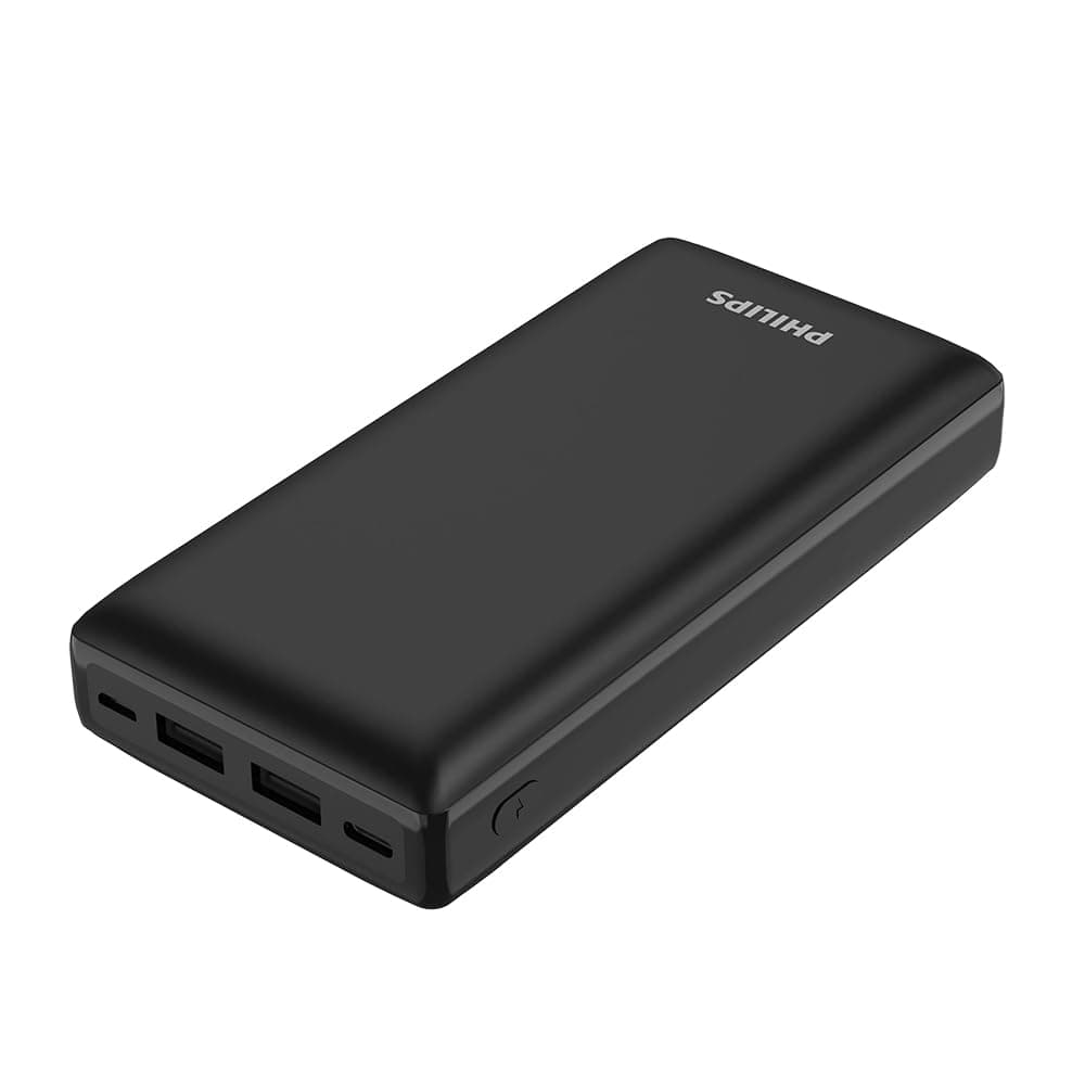 Philips 20000mAh Portable Power Bank with USB C Input Output Port and Dual USB A Ports Compatible with iphone, Android, iPod and More, Black