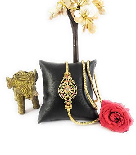 One Gram Micro Gold Plated Traditional Designer Ruby Emerald AD Mugappu Chain for Women and Girls OFT-MC1230