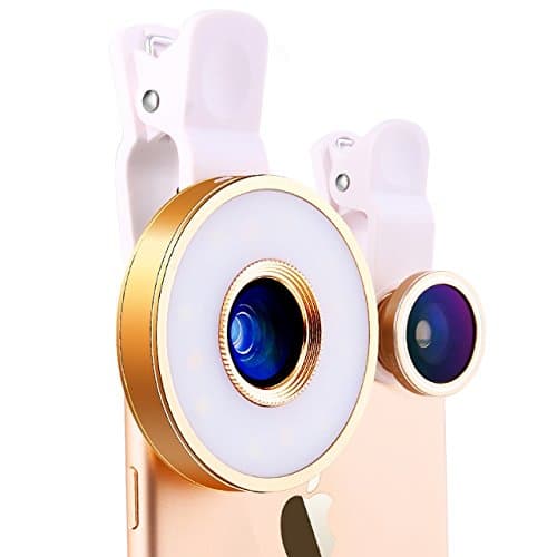INTS Selfie Ring Light Phone Lens Smart 360 LED Clip On Ring Light 3-Level Special Effects Shots with Fish Eye Lens Wide Angle Lens Macro Lens (Golden)