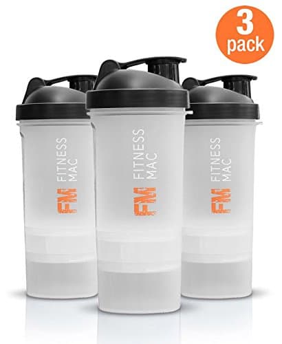 3-Pack (Transparent/Black) Tri-Layered 22 oz Protein Shaker Cups with Twist n' Lock Vitamin and Protein Containers by Fitness Mac