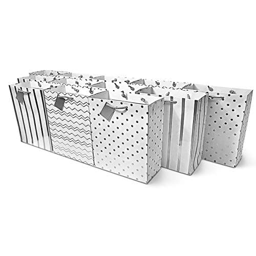 Silver Gift Bags - 12 Pack Medium Metallic Silver Designer Paper Shopping Bags with Handles, Gift Wrap Euro Totes for Birthdays, Party Favors, Baby Showers, Bachelorette Parties, Holidays Bulk - 7.5x3.5x9