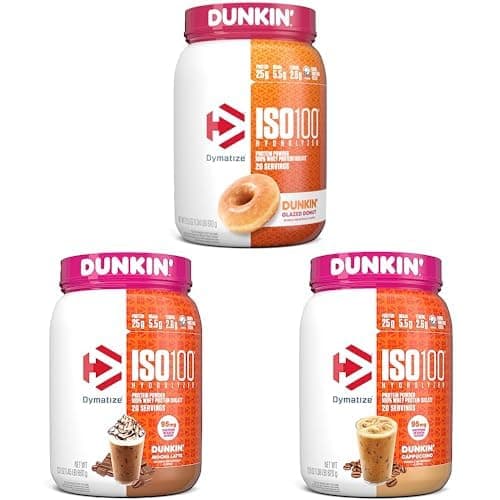 Bundle of Dymatize ISO100 Hydrolyzed 100% Whey Isolate Protein Powder in Dunkin' Glazed Donut Flavor, Dunkin' Mocha Latte Flavor & Dunkin' Cappuccino Flavor