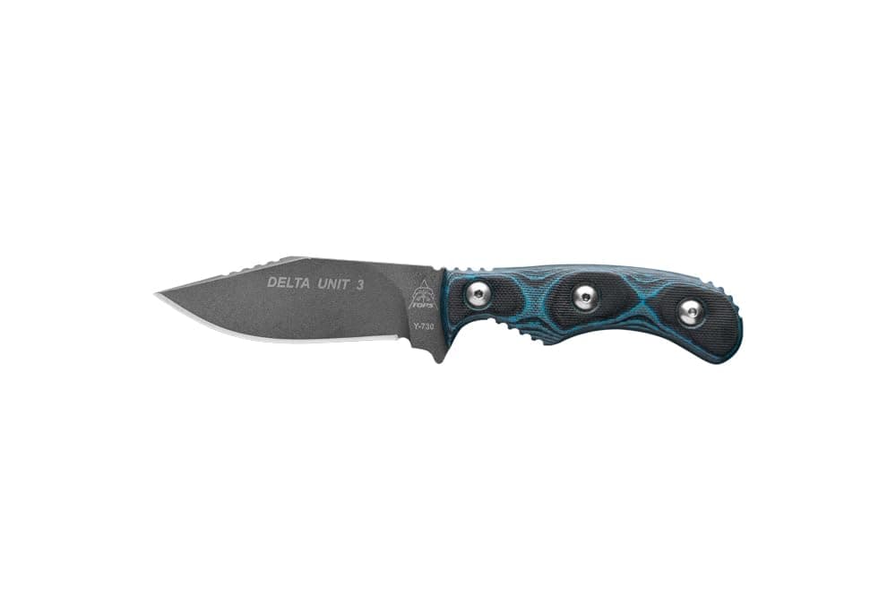 Knives Delta Unit 3 Full Tang Fixed Blade - Tactical Blade Finish- Black Kydex Sheath w/Rotating Spring Steel Clip (Blue/Black G10 Handle)