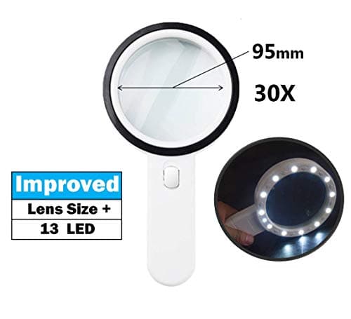 Magnifying Glass with Light, 30X Handheld, with 13 LED and Increased Size,for Seniors Reading, Soldering, Inspection, Coins, Jewelry, Exploring, Macular Degeneration