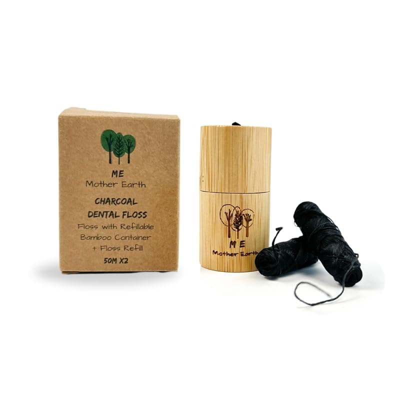Vegan Biodegradable Bamboo Charcoal Dental Floss with Refillable Bamboo Container | Refill Included | Natural Candelilla Wax | 50M x2 | Peppermint Essential Oil | Eco Friendly | Zero Waste Oral Care