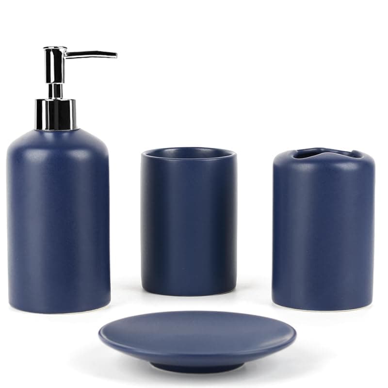 WPM 4 Piece Ceramic Bathroom Accessories Set - Navy - Our Complete Bath Decor Kit Includes Designer Soap or Lotion Dispenser - Toothbrush Holder - Tumbler - Soap Dish (Navy)