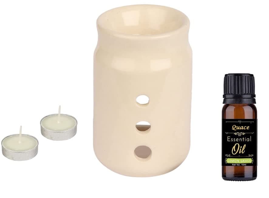 Quace Ceramic Aroma Diffuser Oil Burner with 2 Candles (Ivory White)