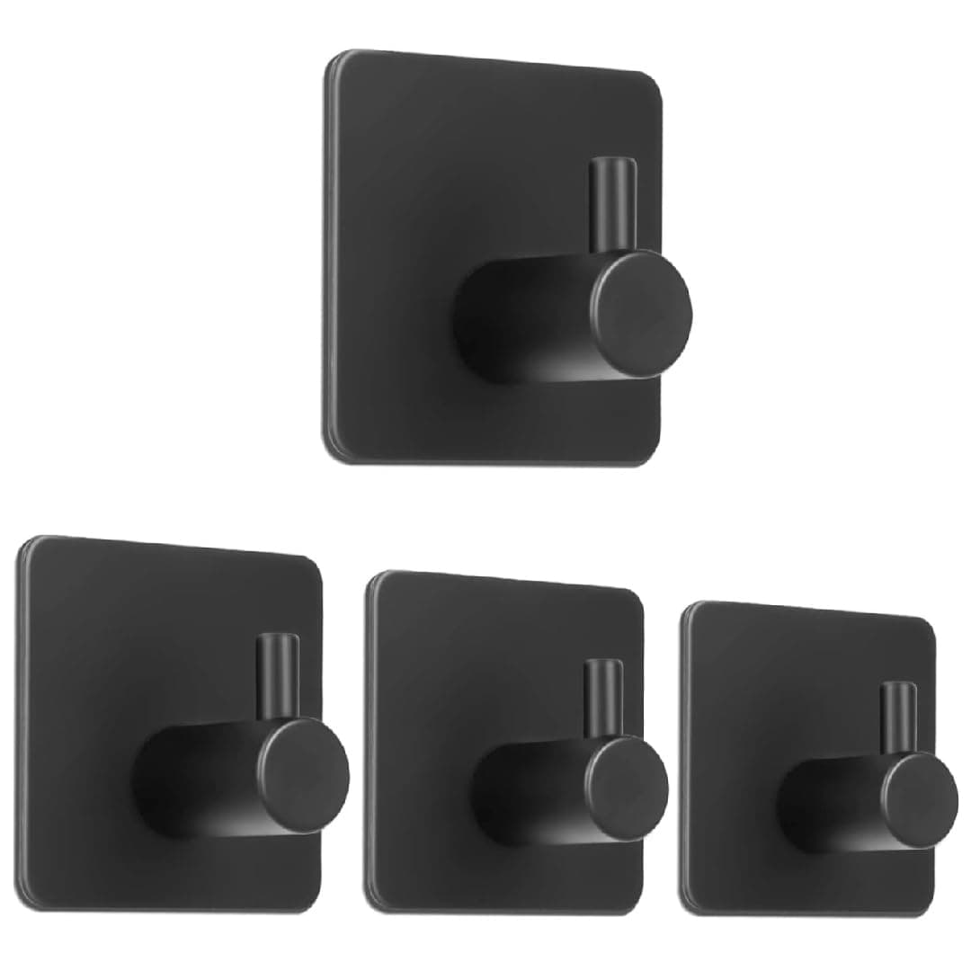 4 Pack Self Adhesive Wall Hooks for Hanging Towels, Robe, Coat, Keys, Calendars (Black Needle Hooks)
