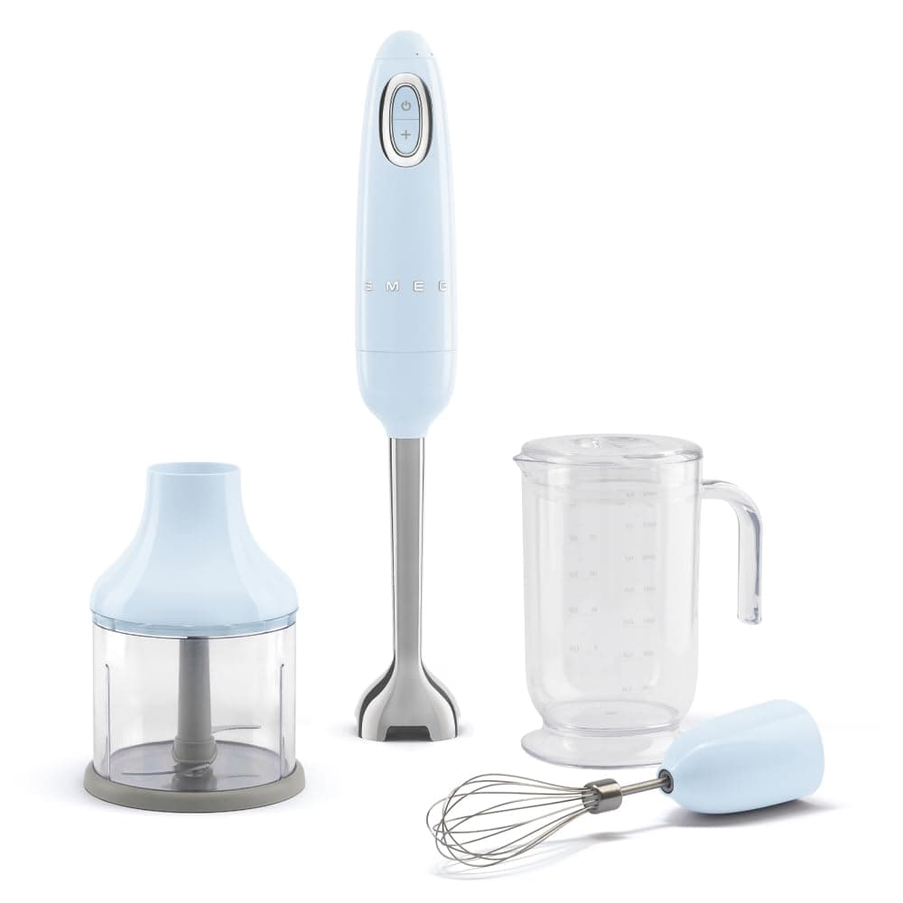 Handheld Immersion Blender with Beaker, Chopping Bowl w/Lid, Wire Whisk, 5 Speed Controls, made with Stainless Steel Blades and Ergonomic Design (Pastel Blue)