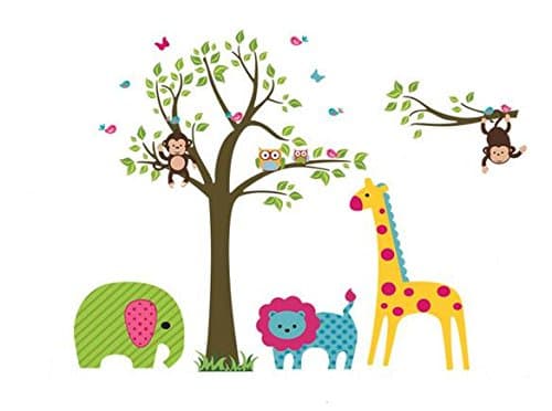 Cute Zoo Owl Wall Sticker Monkey Playing on Tree Branch with Animal Friends Nursery Wall Decal for Children