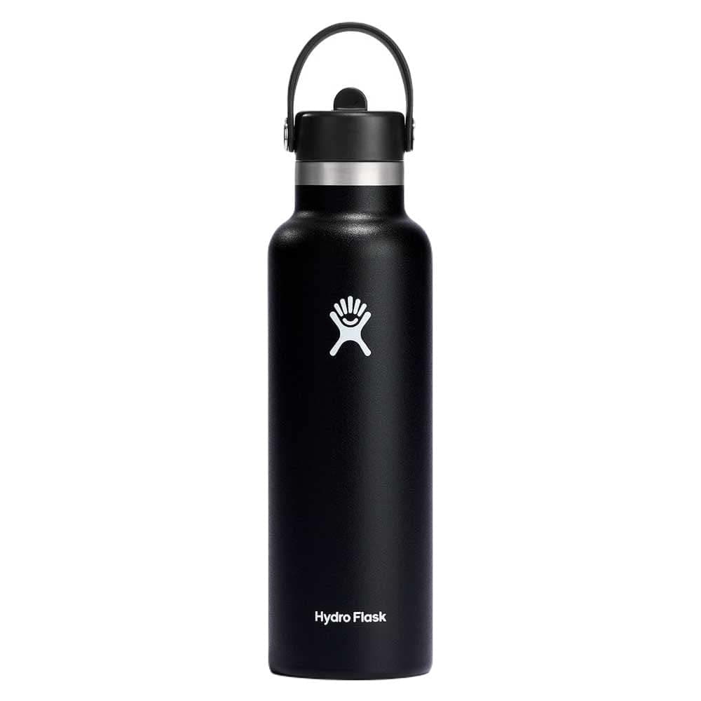 HYDRO FLASK - Water Bottle 621 ml (21 oz) with Flex Straw Cap - Vacuum Insulated Stainless Steel Reusable Water Bottle - Leakproof Lid - Hot and Cold Drinks - Standard Mouth - BPA-Free - Black
