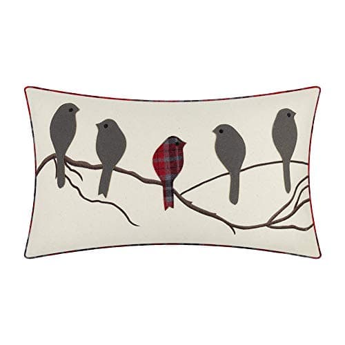 JWH Grey Birds Embroidery Pillow Covers Deocrative Rectangle Throw Pillow Animal Accent Pillow Cases Cute Cushion Piped Edges Pillowcase Bed Couch Bedroom Office Decor Euro Shams Beige Red Plaid