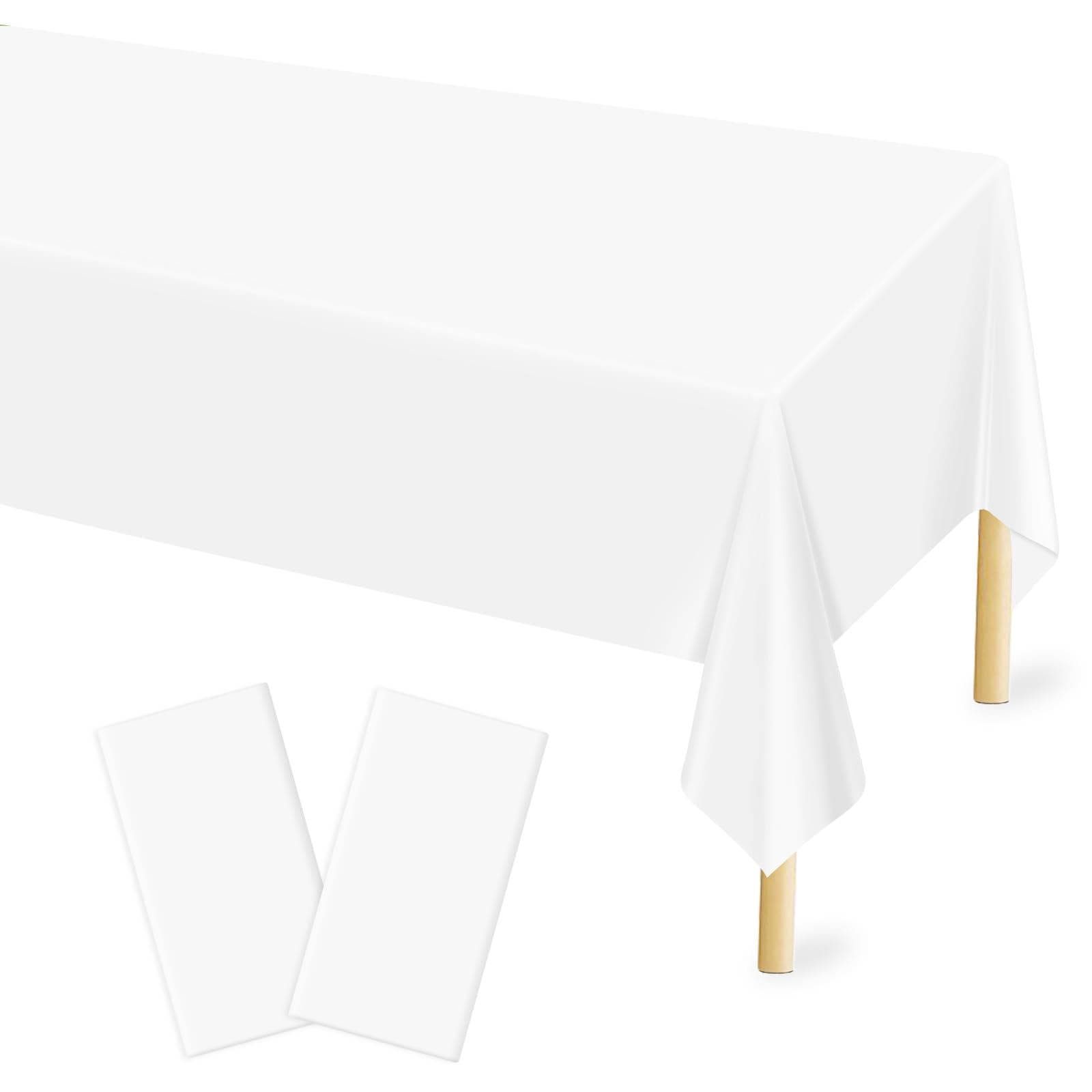 Mulbozy 2 Pcs White Plastic Tablecloth for Rectangle Table, 54 × 108 inches Disposable White Party Table Covers for Birthday, Wedding, Baby Shower, Holdiay Party Decoration