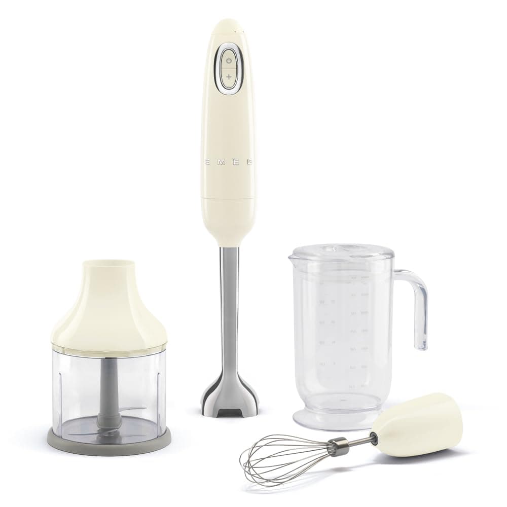 Handheld Immersion Blender with Beaker, Chopping Bowl w/Lid, Wire Whisk, 5 Speed Controls, made with Stainless Steel Blades and Ergonomic Design (Cream)