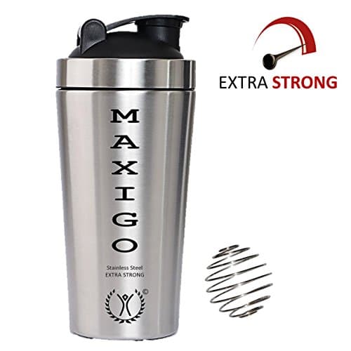 EXTRA STRONG Protein Shaker Bottle- MAXIGO Stainless Steel, makes it your Best pre/ workout shaker cup, BreakProof & AlwaysFresh| 5xEasy| THE Gift for All Sports Lovers| BONUS Whisk Blender Ball- 28oz