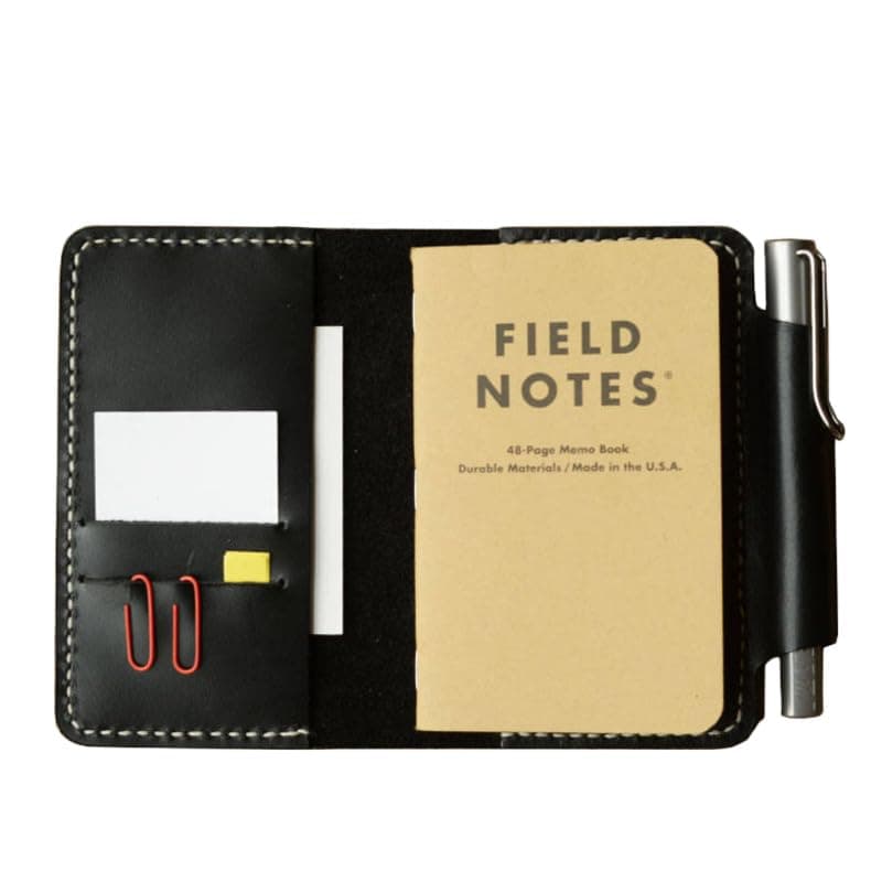 Refillable genuine Tooled Leather Journal Cover for pocket size field notes notebook pen holder card slots/fit 3.5 x 5.5" - 302 - Black